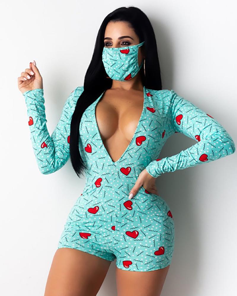 

Mutil Print Buttoned Onesie With Face Mask, Style2
