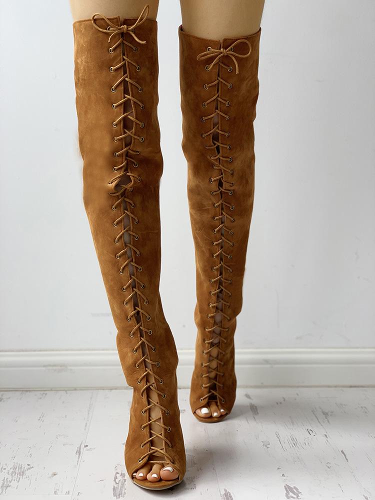 

Lace-Up Bandage Eyelet Peep Toe Long Boots