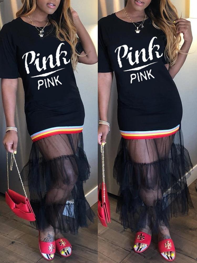 

Letter Print Sheer Mesh Splicing Maxi Dress