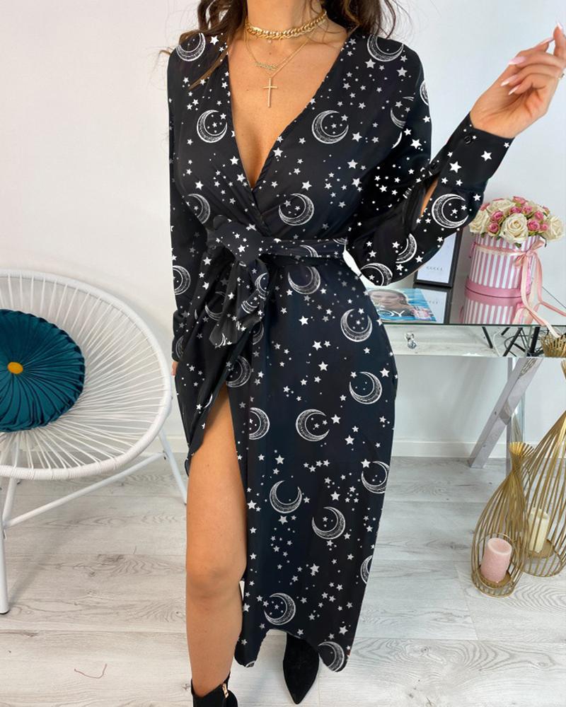 

Long Sleeve Moon Star Print Dress, Black