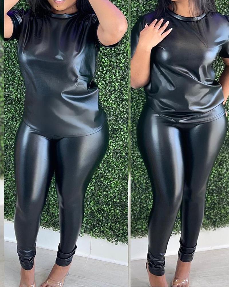 

PU Leather Top & Skinny Pants Set, Black