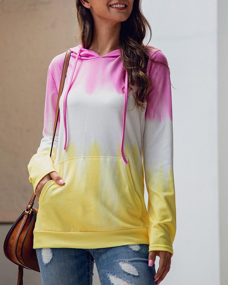 

Colorblock Long Sleeve Drawstring Design Pocket Sweatshirt, Pink