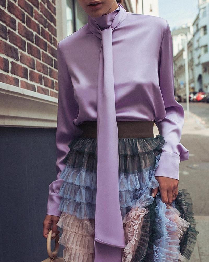 

Solid High Neck Tied Lantern Sleeve Blouse, Purple