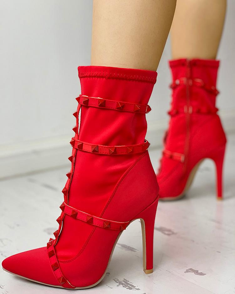 

Rivet Embellished Stiletto Ankle Boots, Red