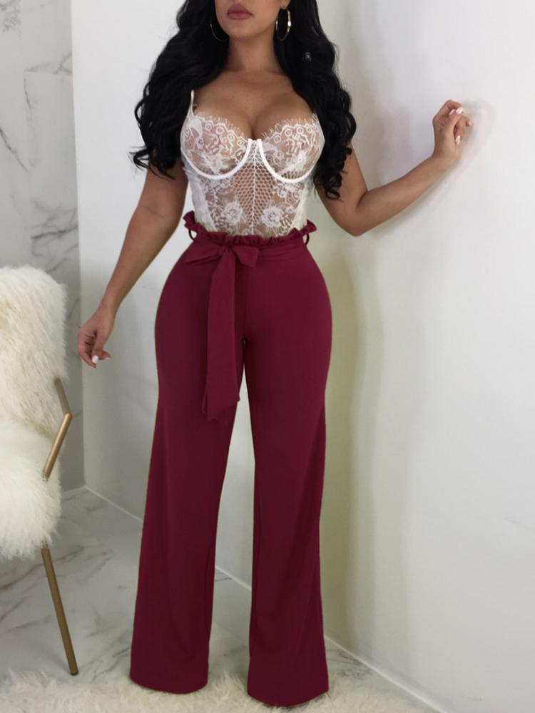 

Solid Frills Belted Wide Leg Pants, Wine red