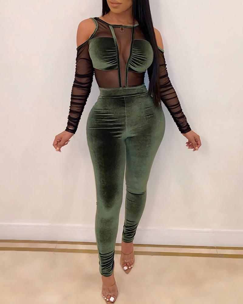 

Cold Shoulder Sheer Mesh Insert Ruched Jumpsuit, Green