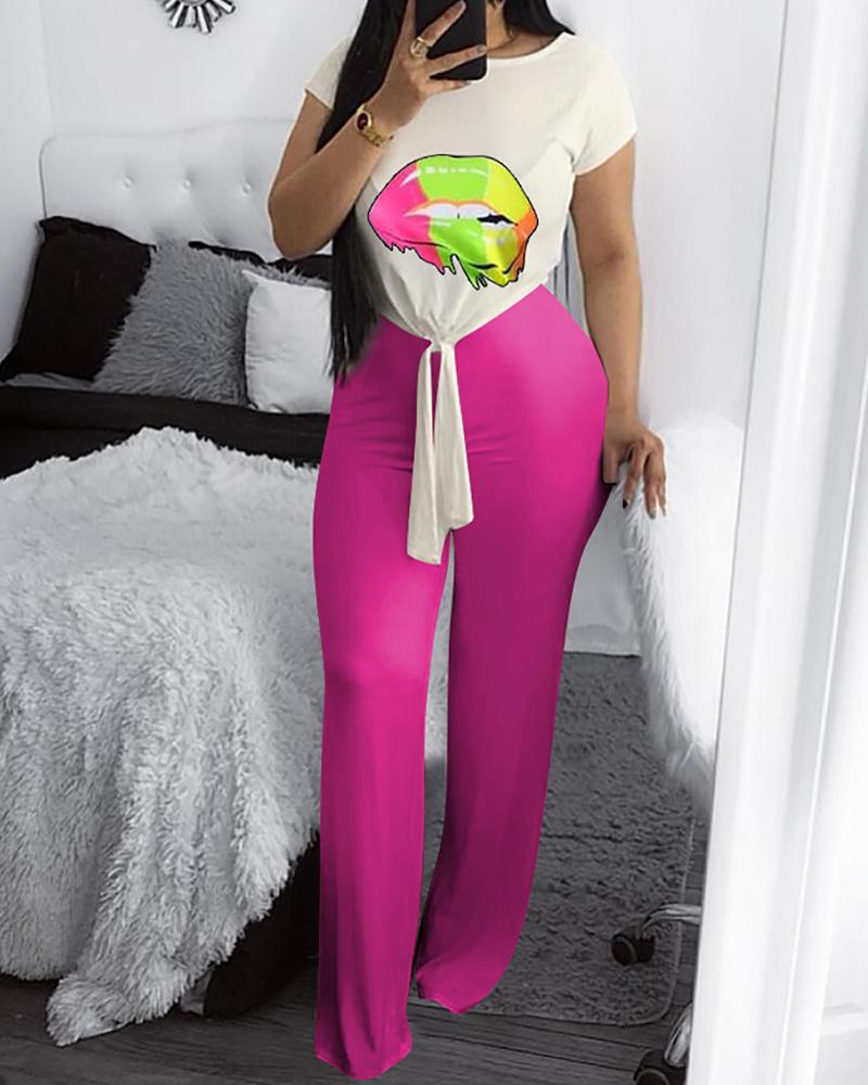 

Mouth Pattern Knotted T-Shirt & Pants Set, Hot pink