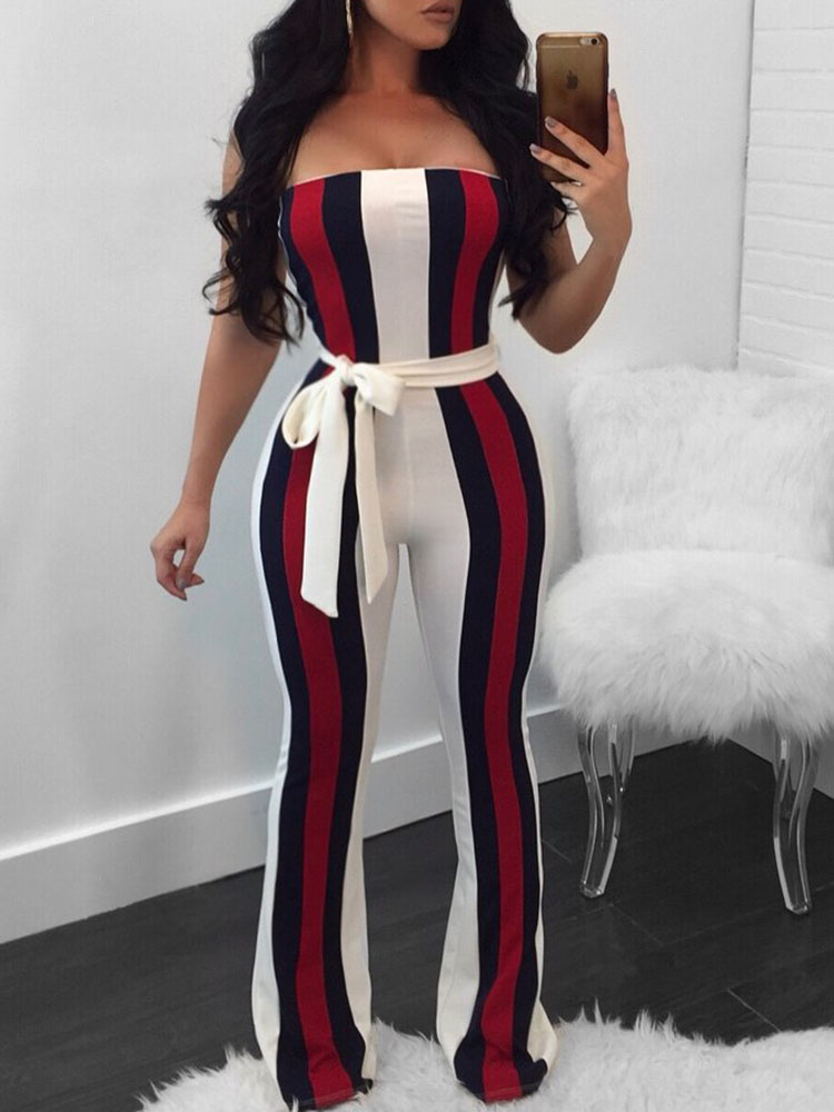 

Sexy Strapless Tied Waist Flared Jumpsuit, White;black