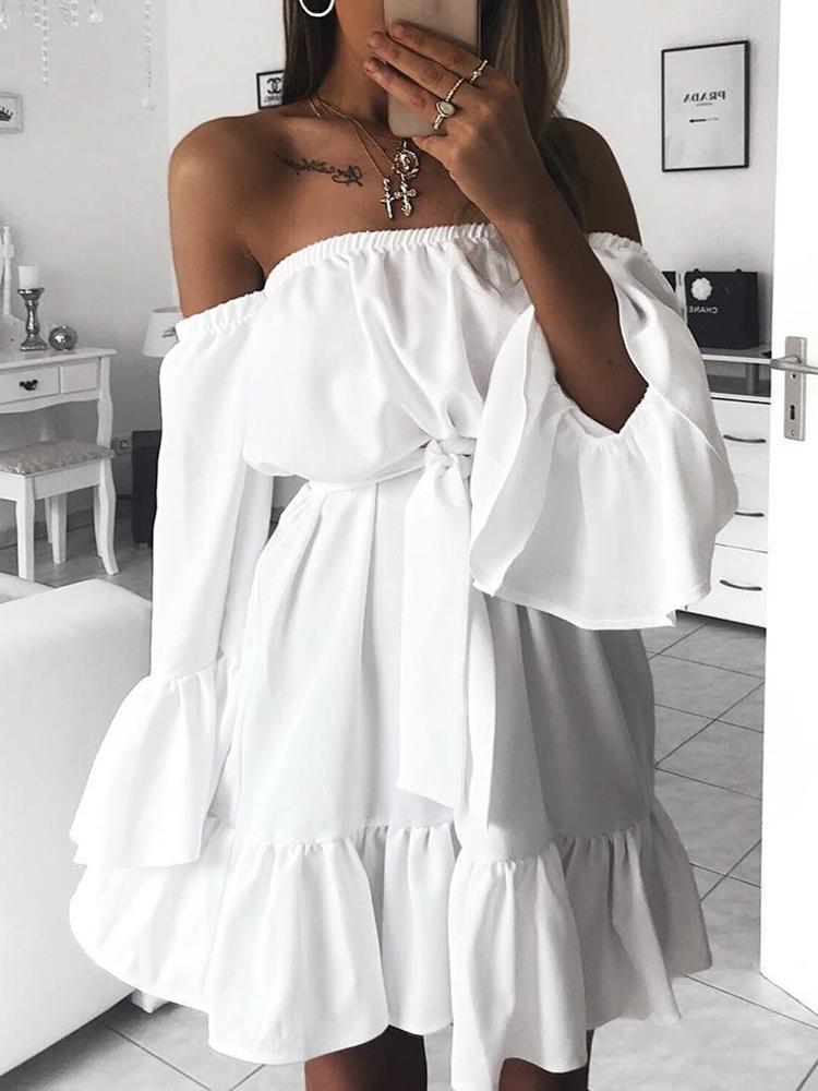 

White Off Shoulder Flared Sleeve Casual Dress