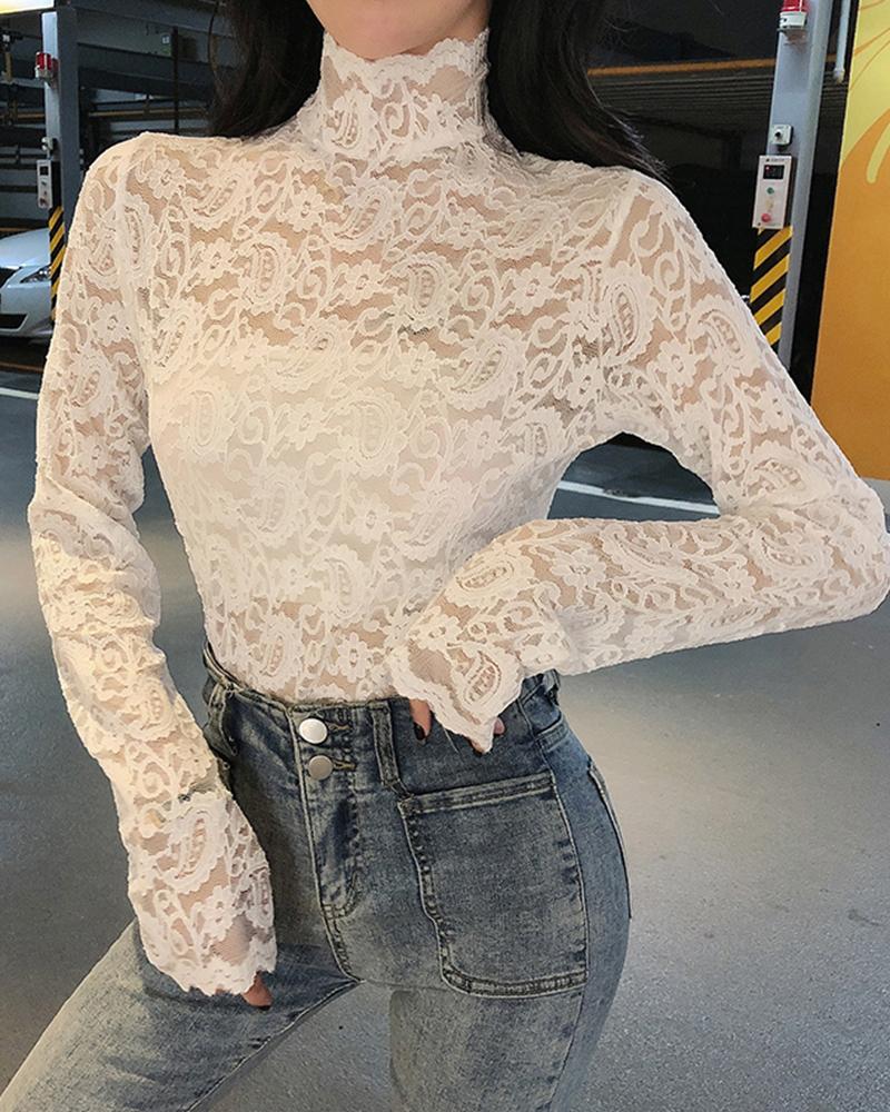 

Eyelet Lace High Neck Top, Apricot