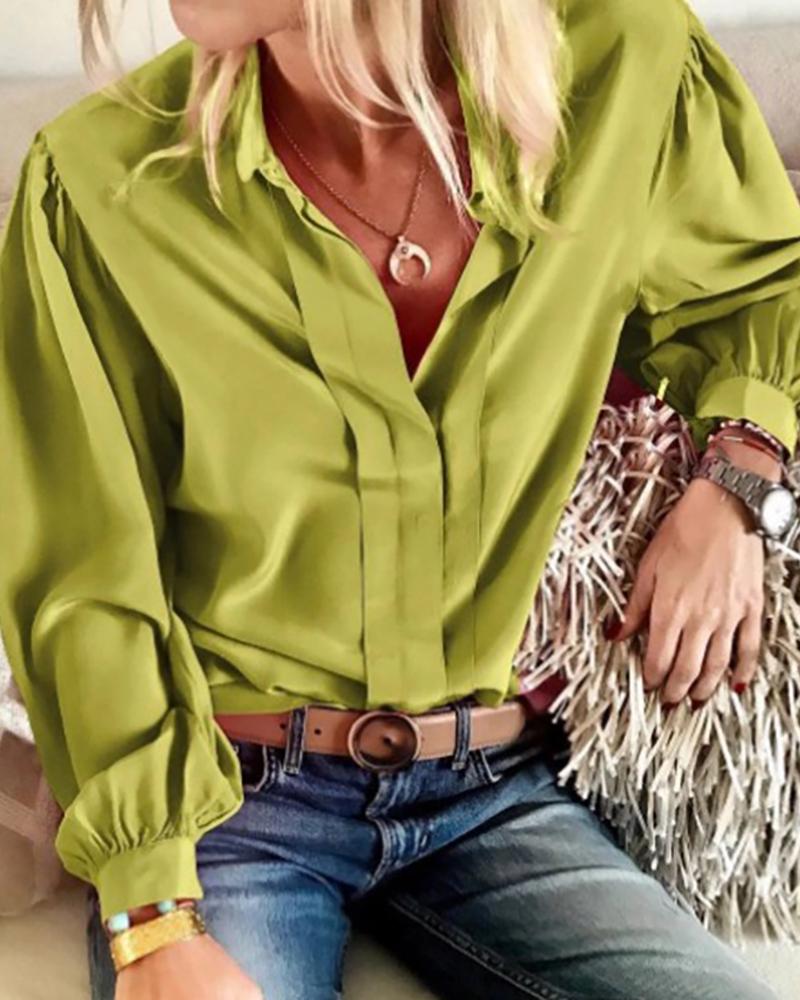 

Solid Long Sleeve Button Loose Blouse, Green