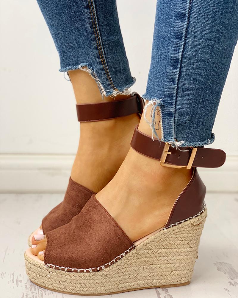 

Ankle Buckled Espadrille Wedge Sandals, Brown