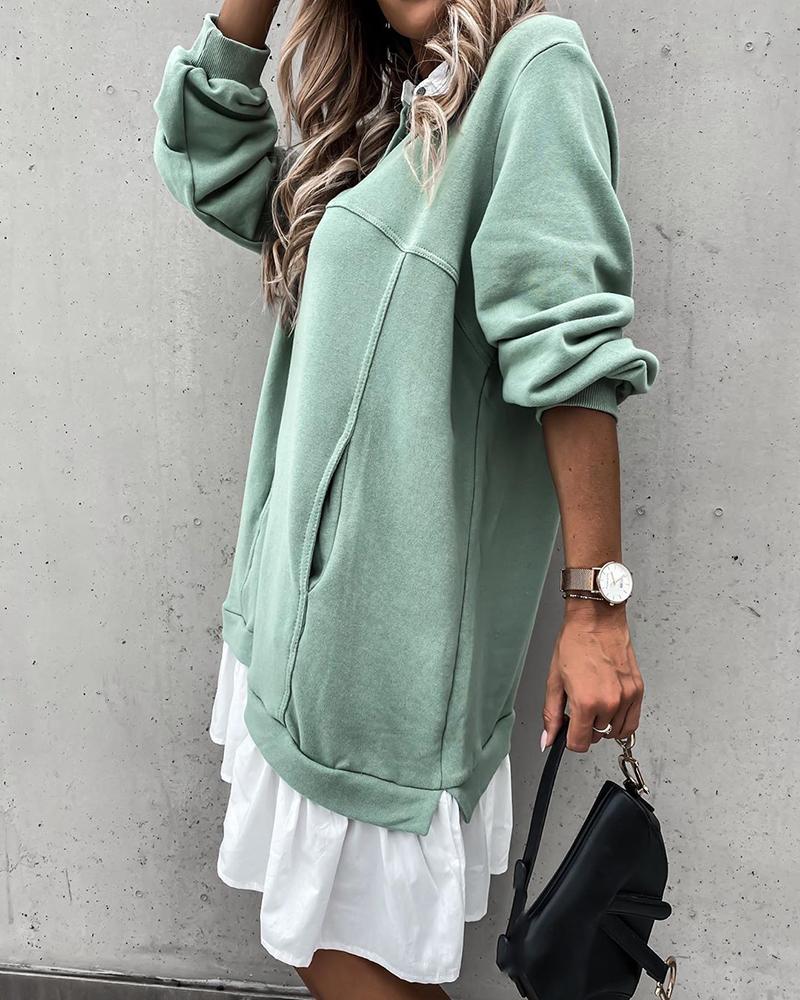 

Colorblock Ruched Long Sleeve Casual Dress, Green