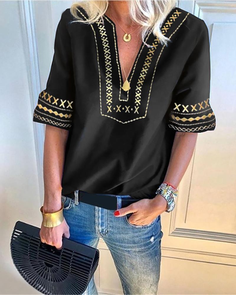 

Ethnic Print V-Neck Casual Blouse
