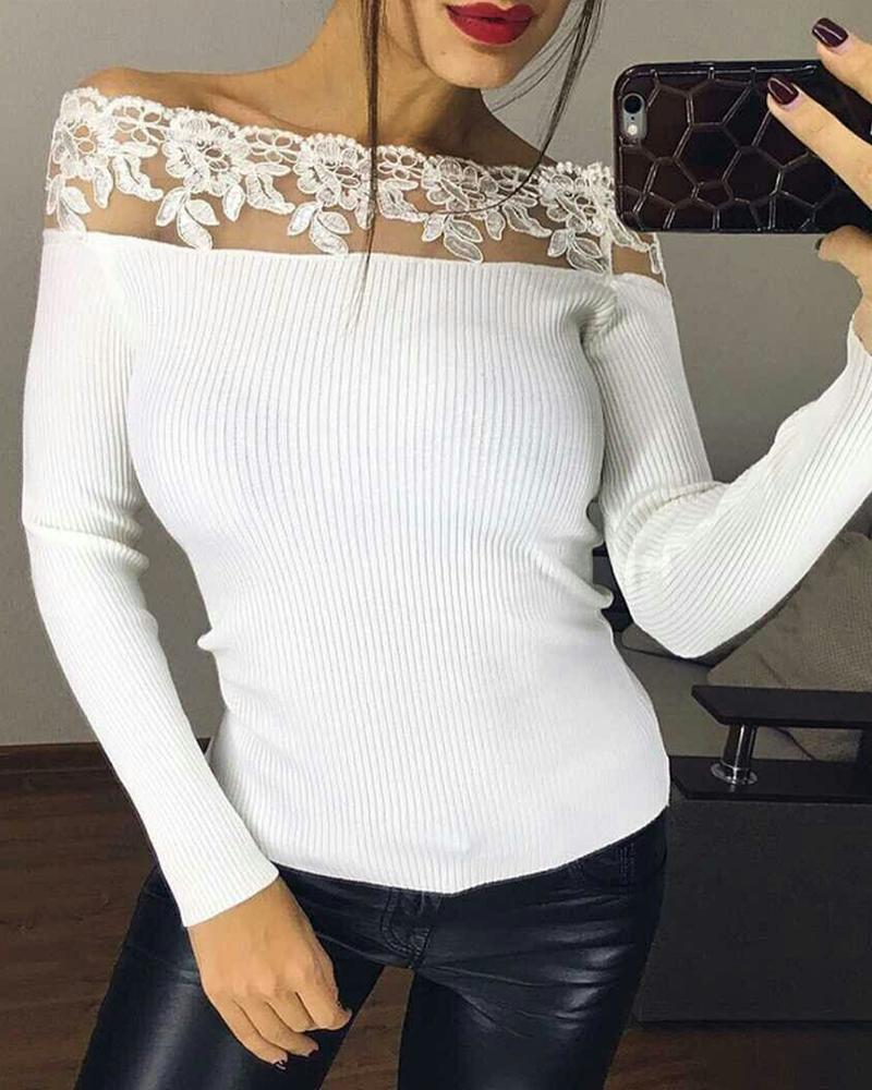 

Lace Ribbed Off Shoulder Casual Blouse, White