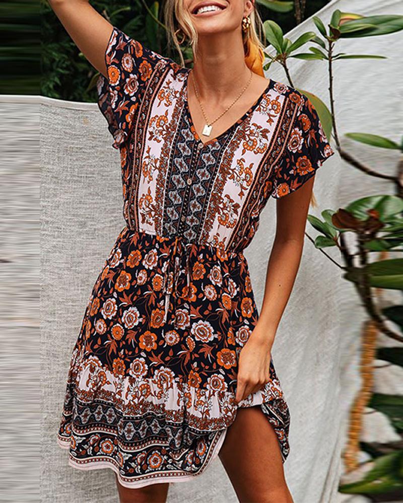 

Boho Print Ruffled Mini Dress, Black