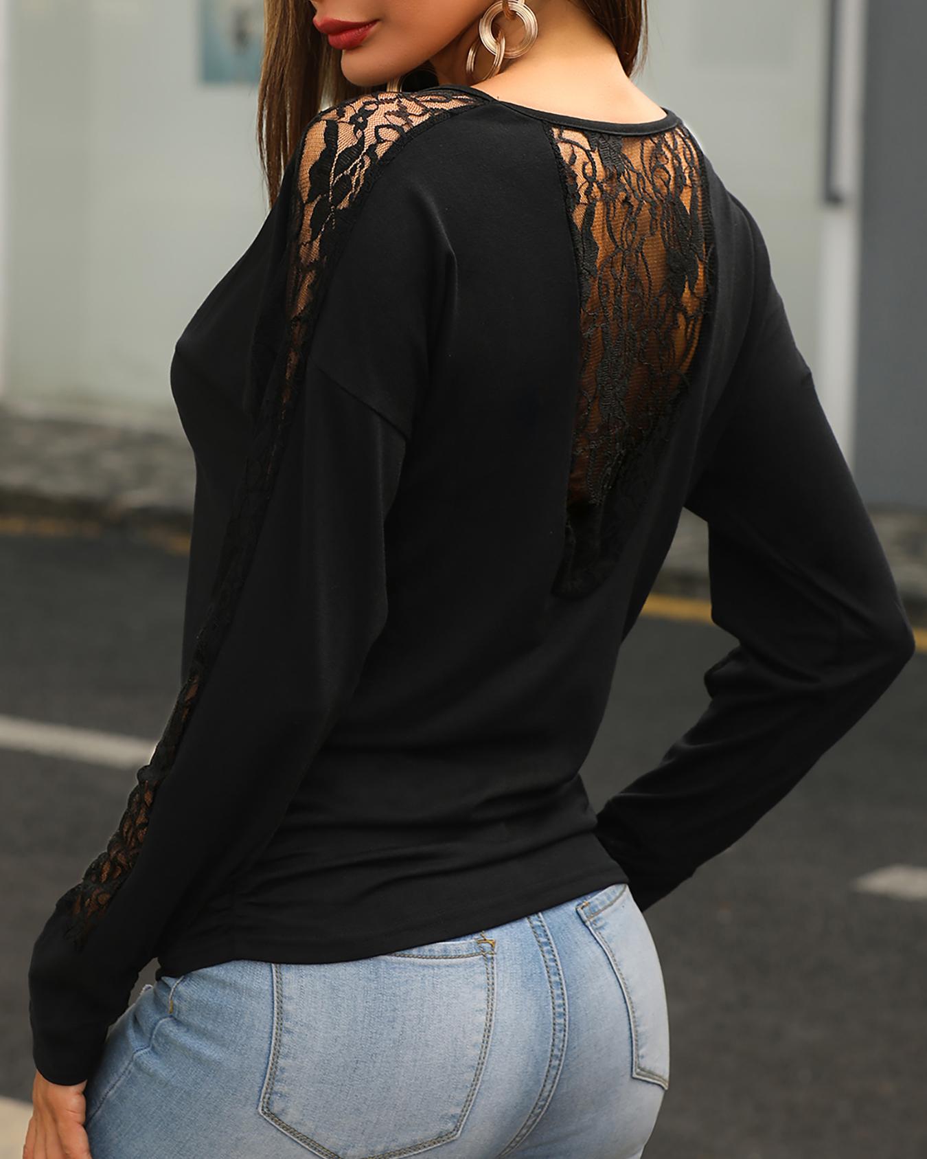 

Long Sleeve Sheer Lace Insert Blouse