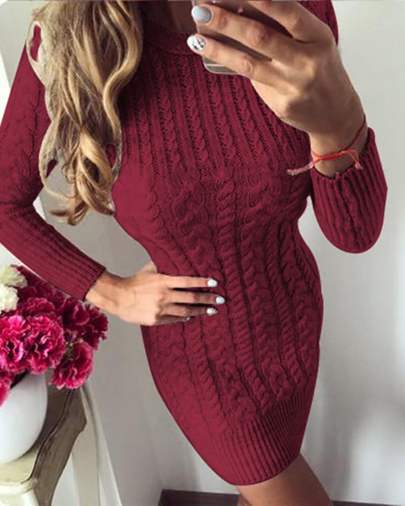 

Solid Long Sleeve Casual Sweater Dress, Wine red