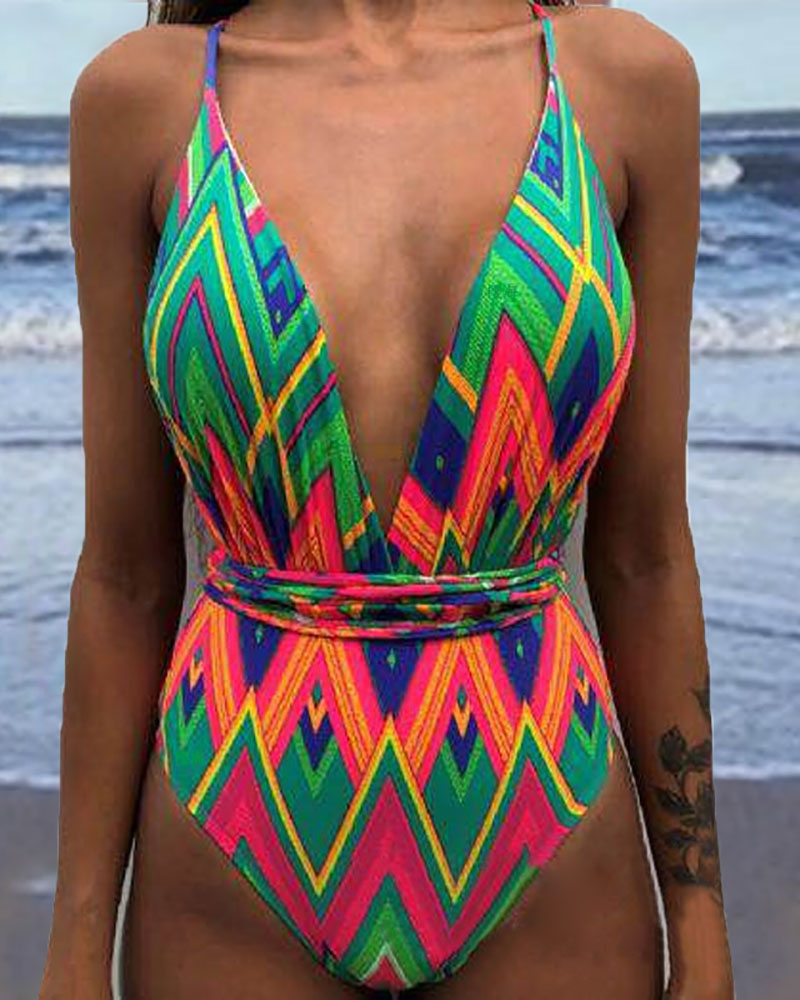

Print Spaghetti Strap One Piece Swimsuit, Green