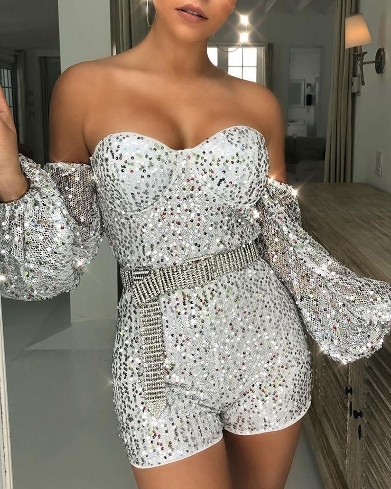 

Off Shoulder Bell Cuff Sequins Romper, Silver
