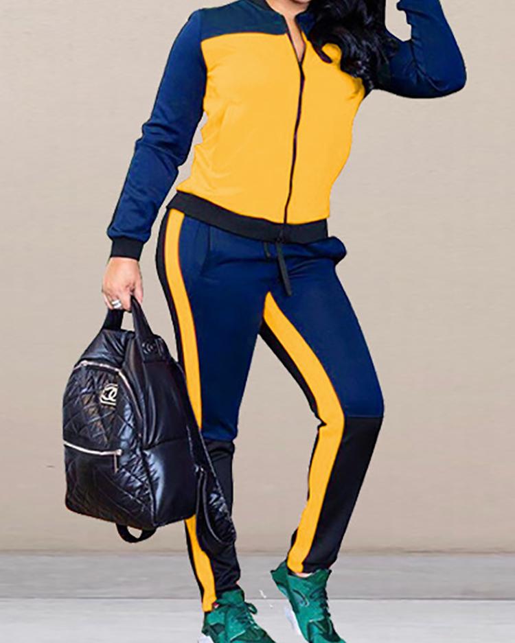 

Colorblock SplicingZipper Design Coat & Striped Tape Pant Sets