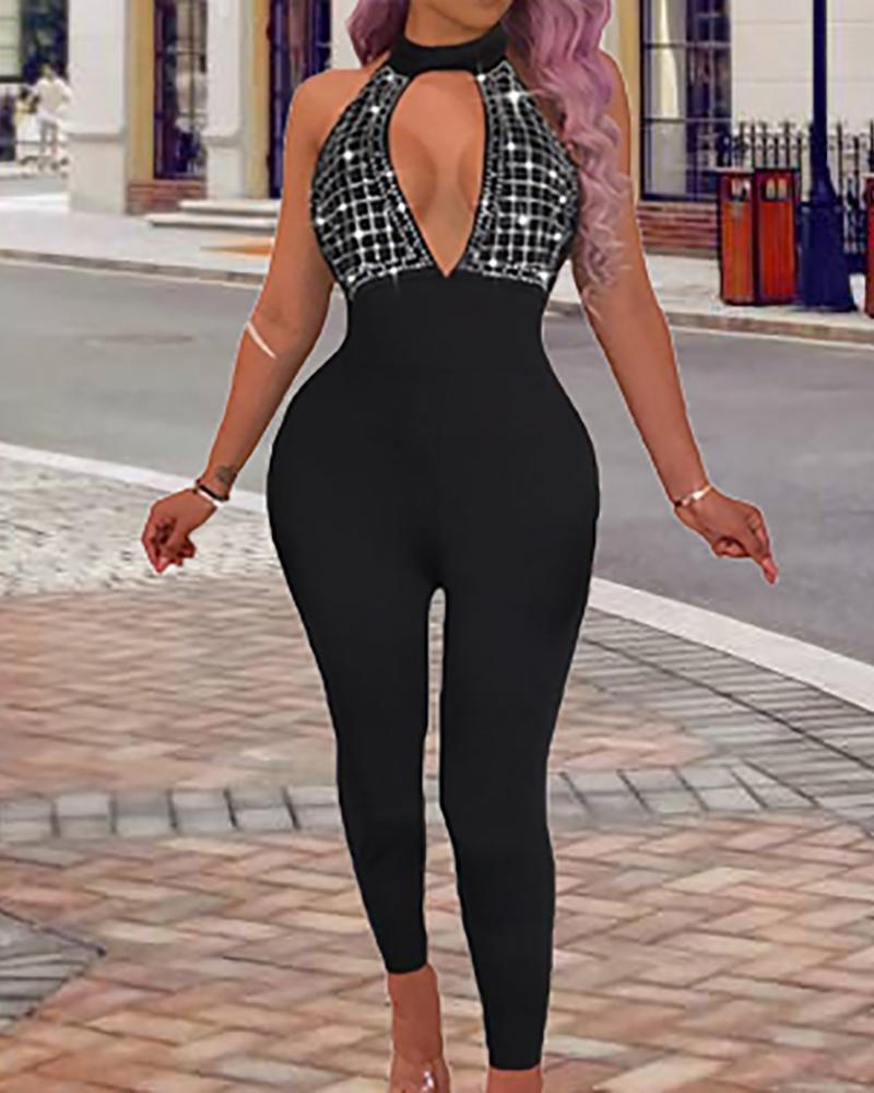 

Hot Stamping Halter Cutout Jumpsuits, Black