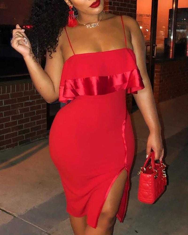 

Spaghetti Strap Slit Solid Dress, Red