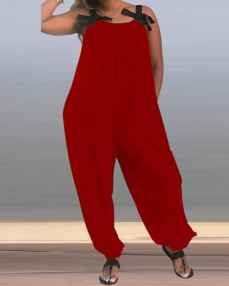 

Bowknot Strap Casual Loose Jumpsuits, Red