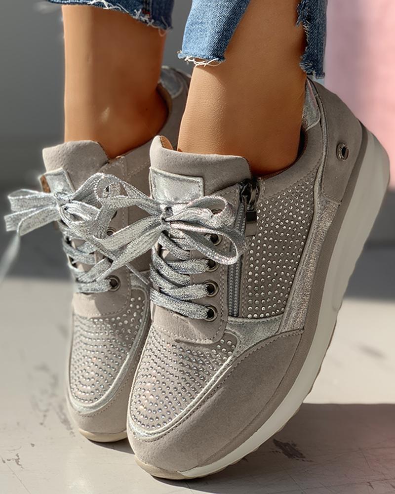 

Suede Sequins Insert Breathable Sneakers, Gray