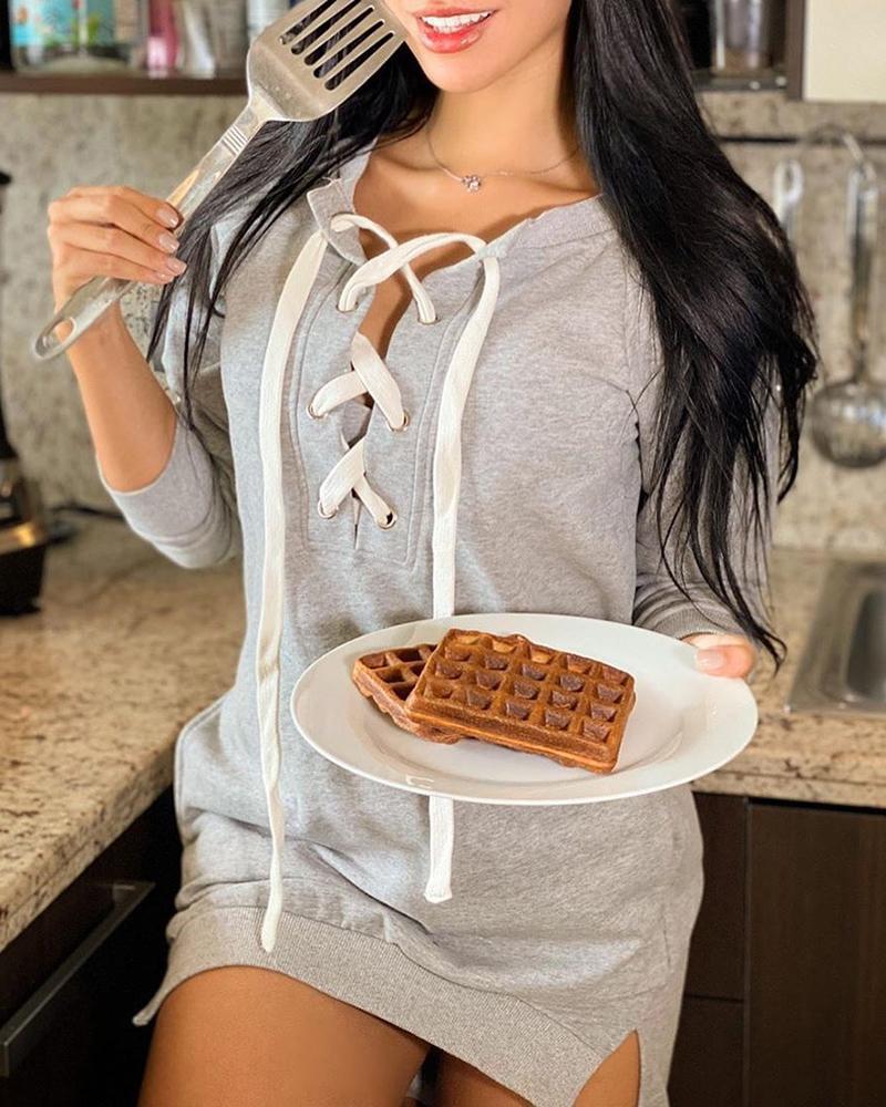 

Eyelet Lace-up Sweatshirt Dress, Gray