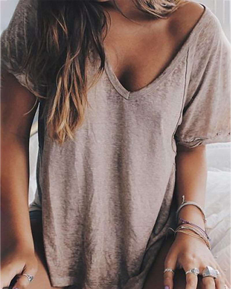 

Solid V-neck Short Sleeve Casual T-shirt, Khaki