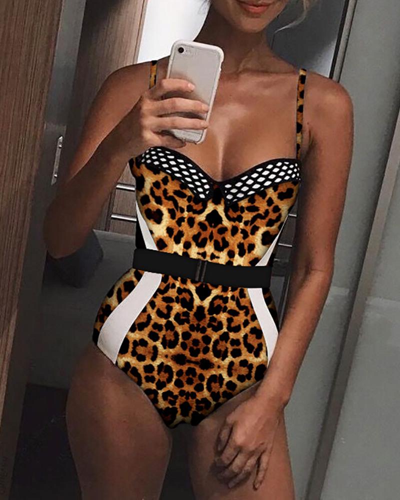 

Contrast Color Fishnet Belted One-piece Swimsuit, Leopard