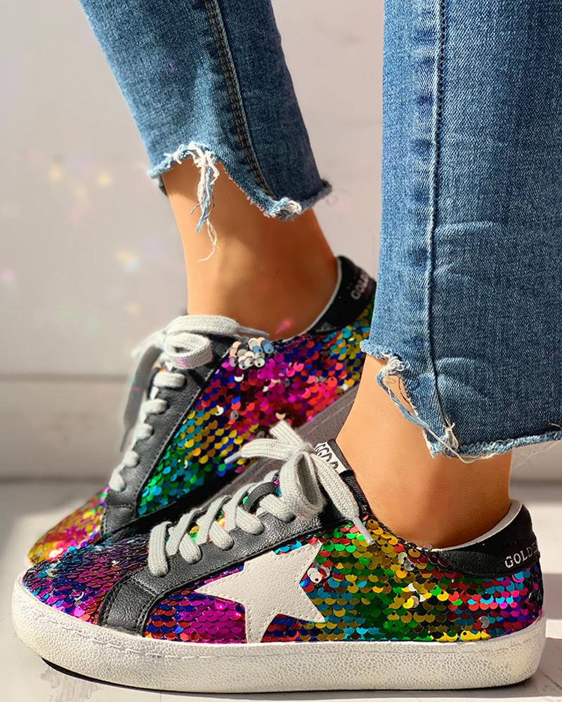 

Sequins Star Design Casual Lace-Up Sneakers, Black