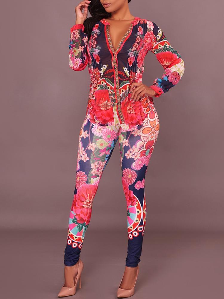 

Sexy Printed V Neck Suit Set