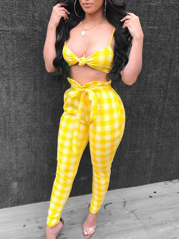 

Grid Print Cami Top & Belted Frilled Pants Set, Yellow