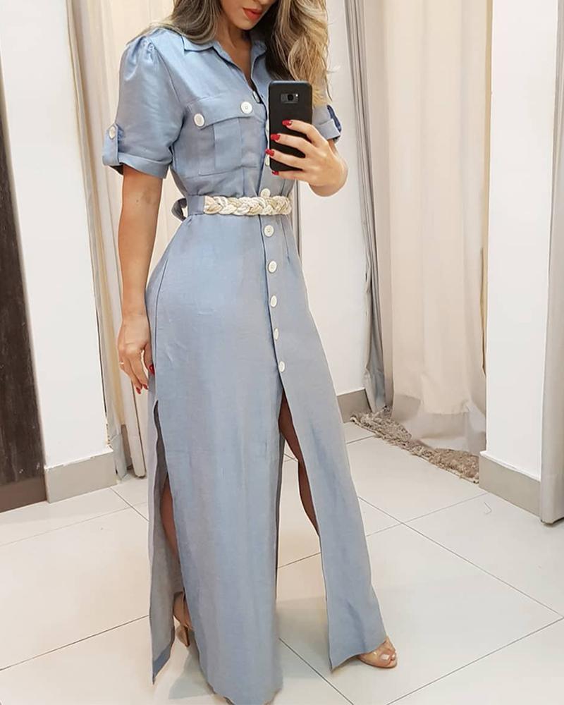 

Solid Split Maxi Shirt Dress, Blue
