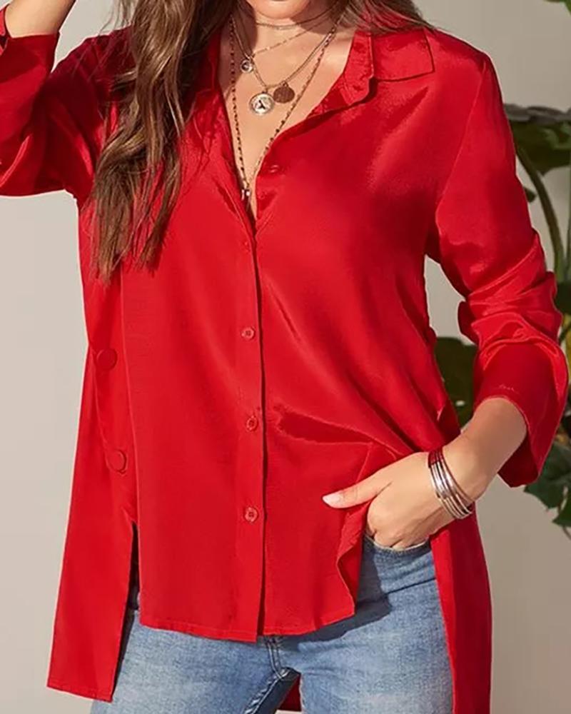 

Dip Hem Plain Buttoned Shirt, Red
