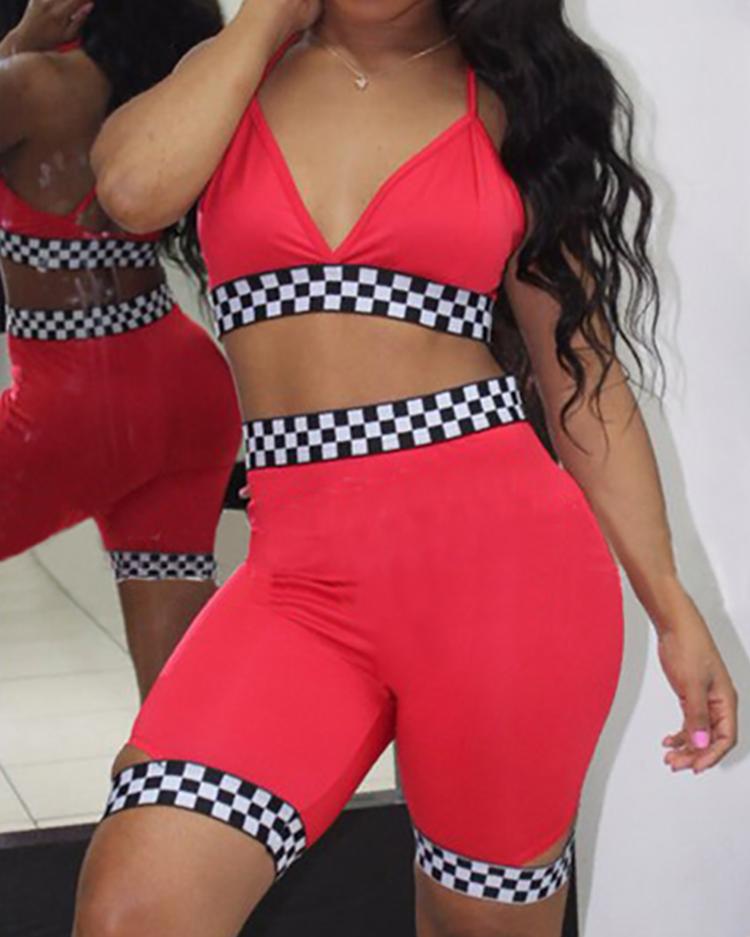 

Oversize Checkboard Print Cropped Shorts Set, Hot pink