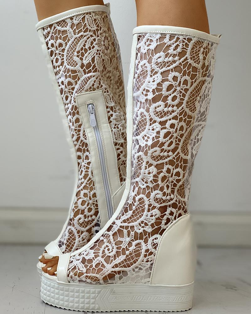

Eyelash Lace Peep Toe Platform Boots, White