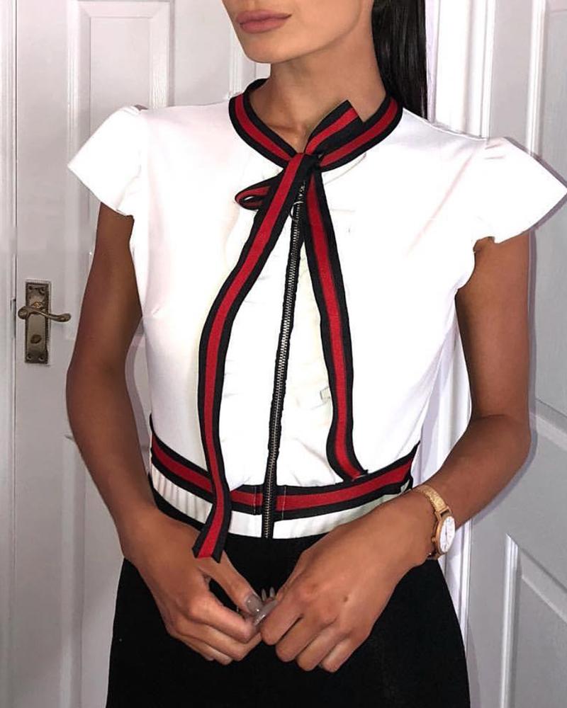 

Striped Tape Insert Bowknot Detail Bodysuit
