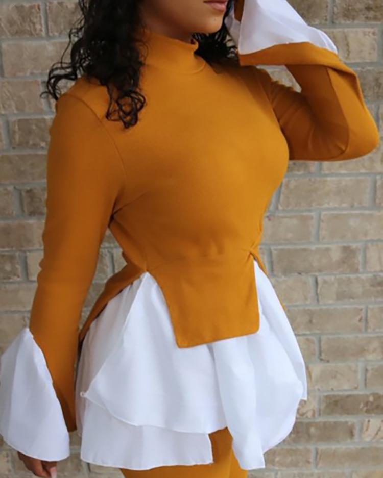 

Colorblock Patchwork Irregular Ruffles Blouse