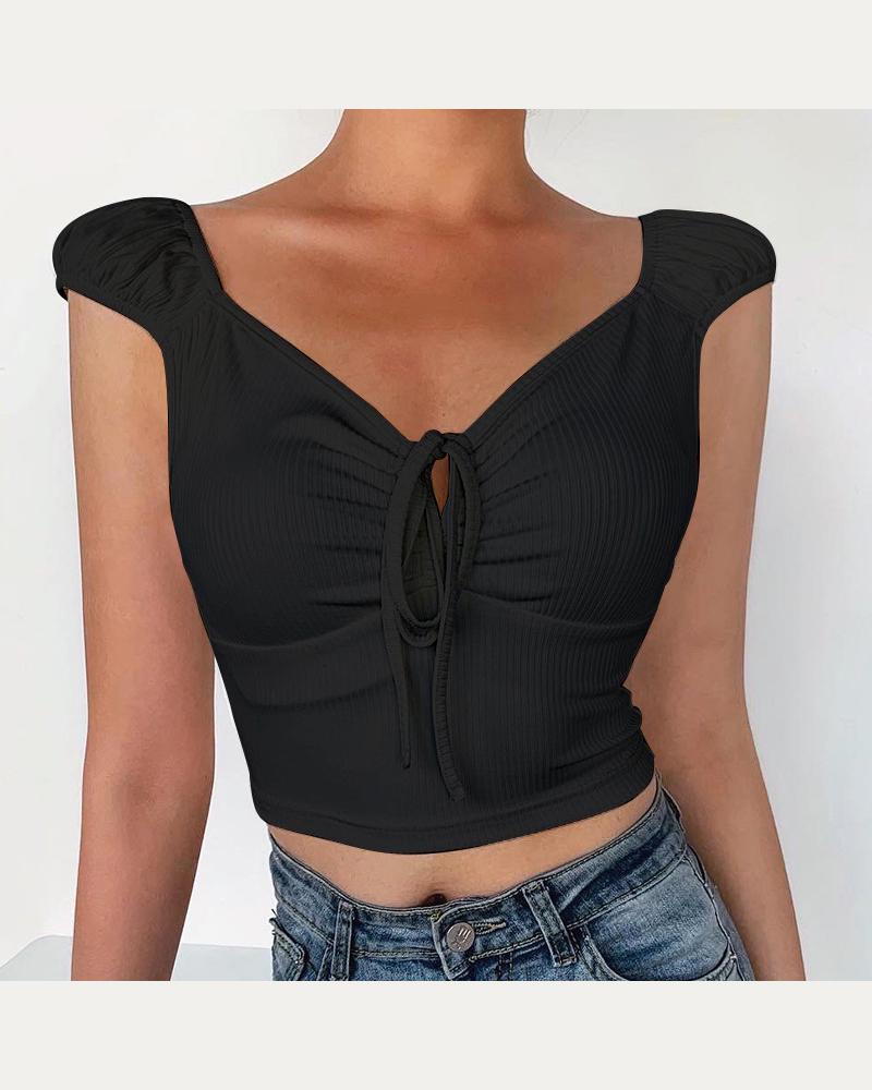 

Deep V Tie Front Crop Top, Black
