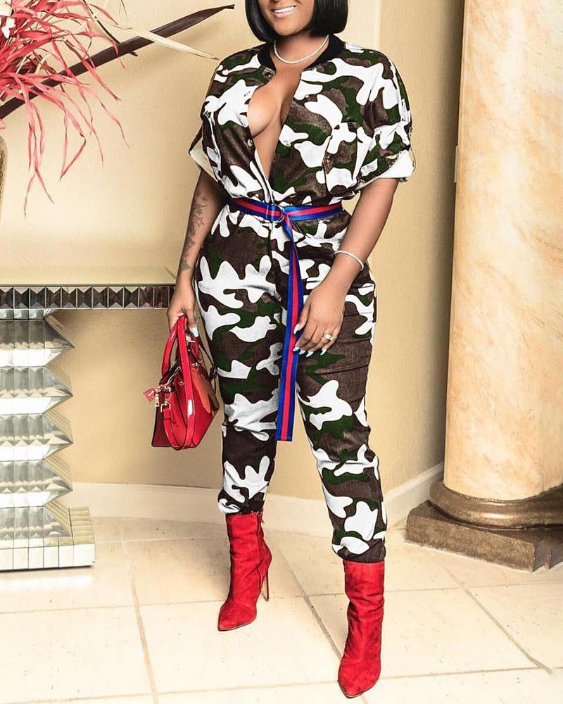 

Camo Print Button Design Jumpsuit, White