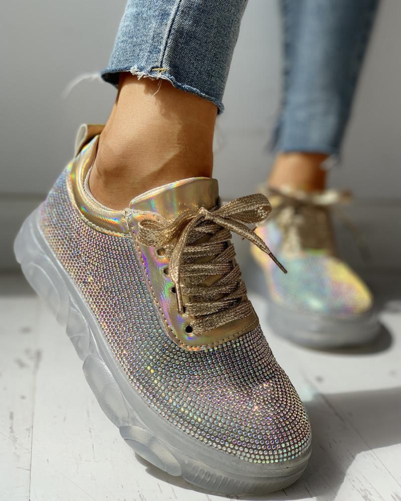 

Studded Lace-Up Casual Platform Sneakers, Gold