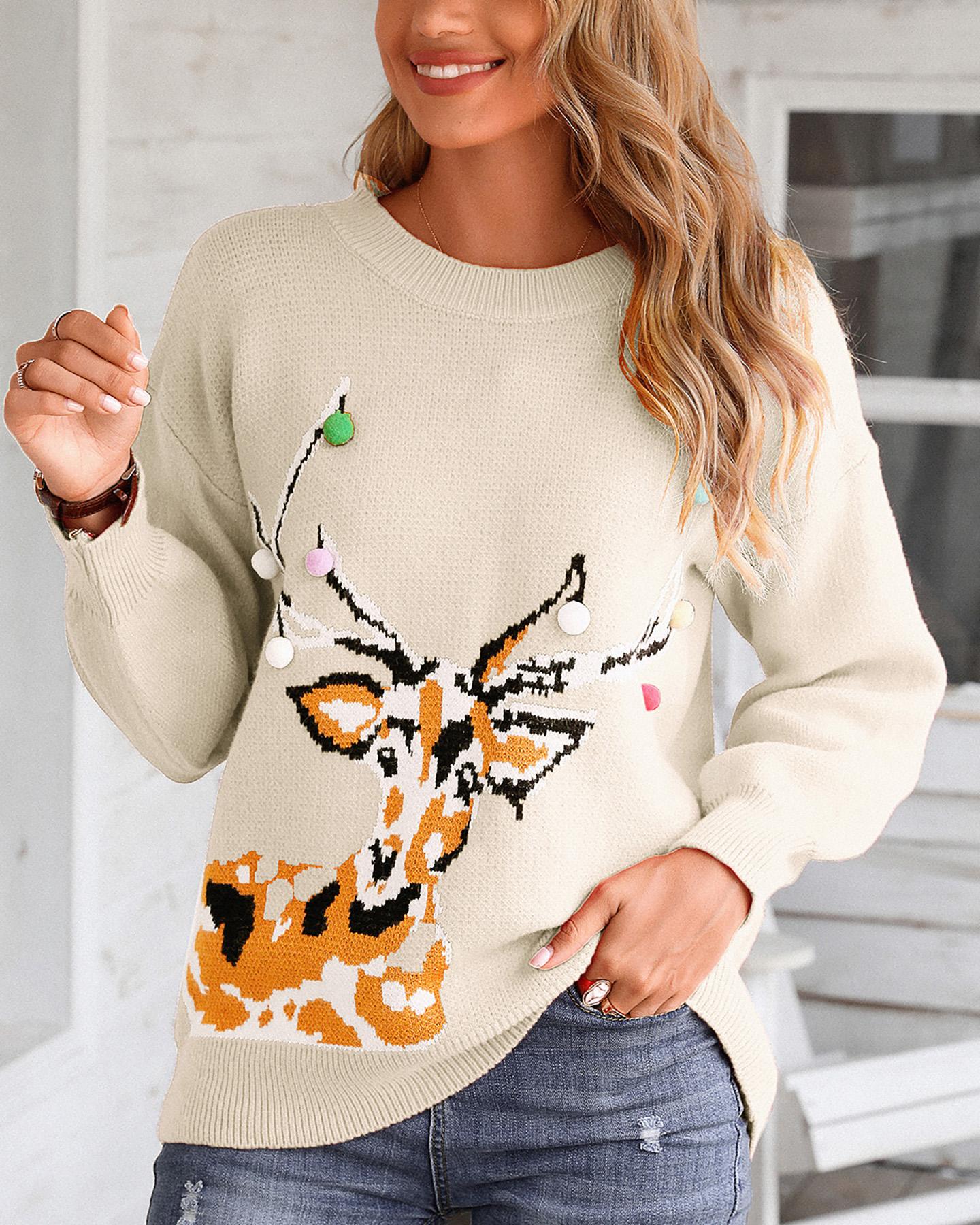 

Christmas Pom Pom Reindeer Print Knit Ugly Sweater, Apricot