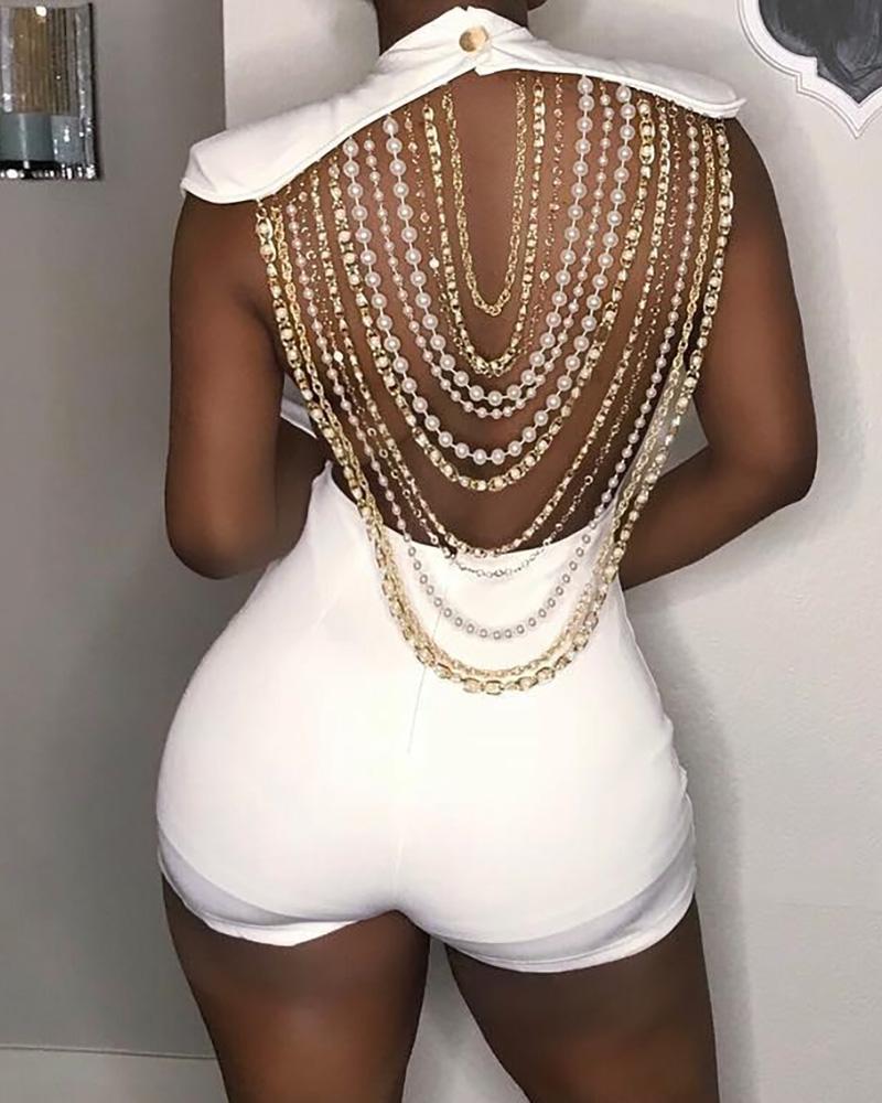 

Beaded Tassel Design Open Back Rompers, White