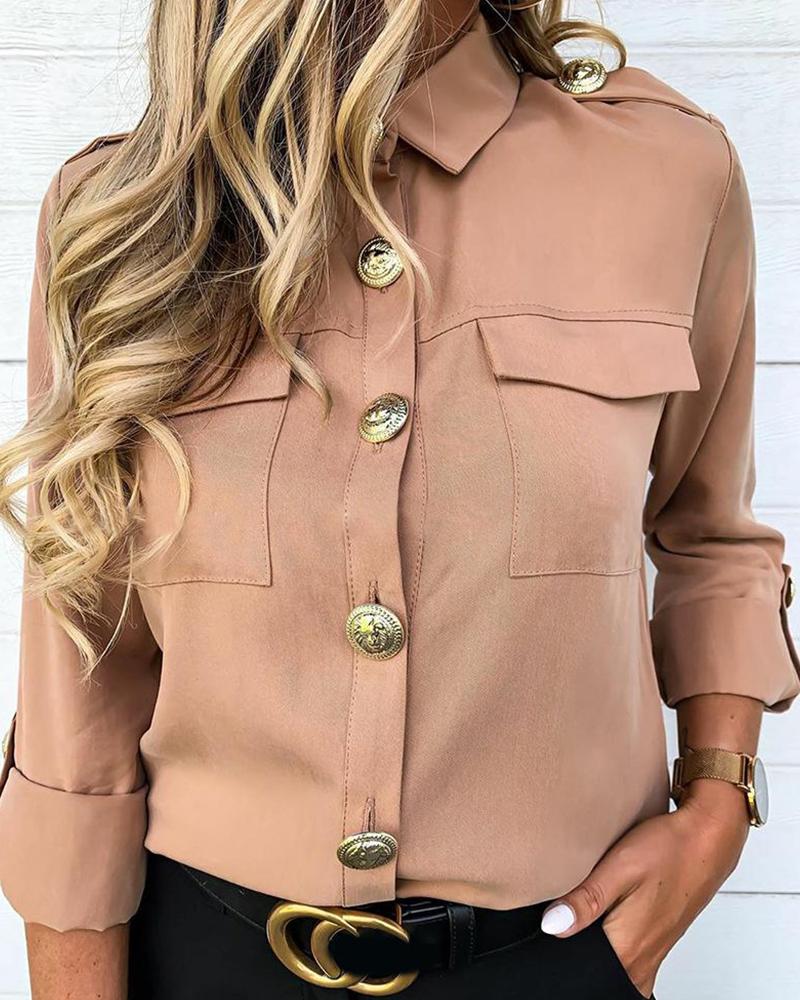 

Solid Button-Up Pocketed Blouse, Pink