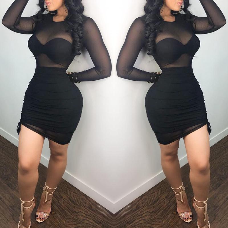 

Perspective Side Shirring Drawstring Bodycon Dress, Black