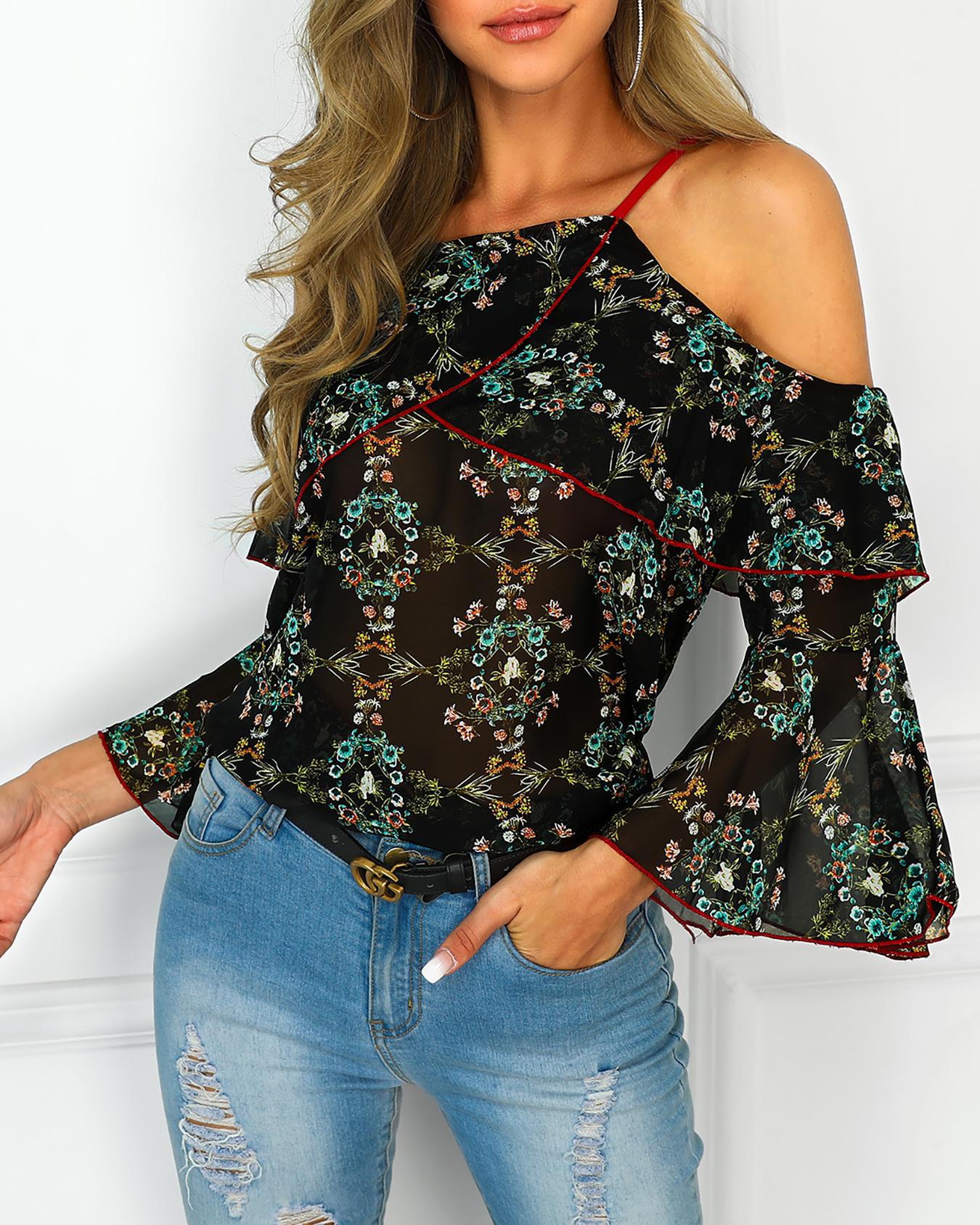 

Floral Print Cold Shoulder Ruffles Blouse, Black