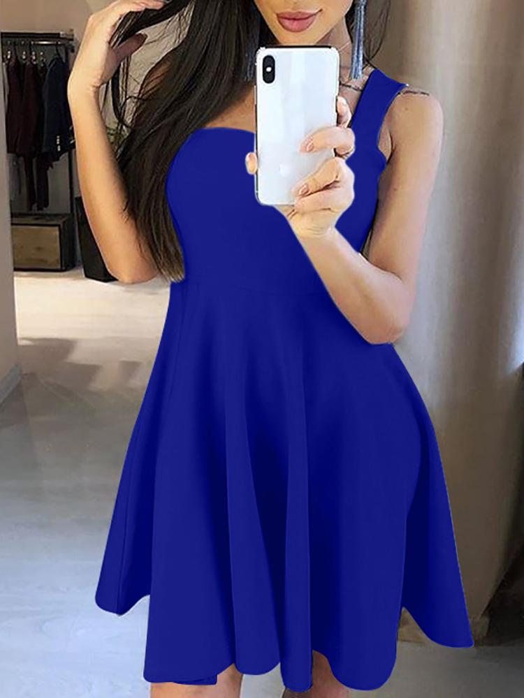 

Solid Thick Strap Pleated Mini Dress, Blue